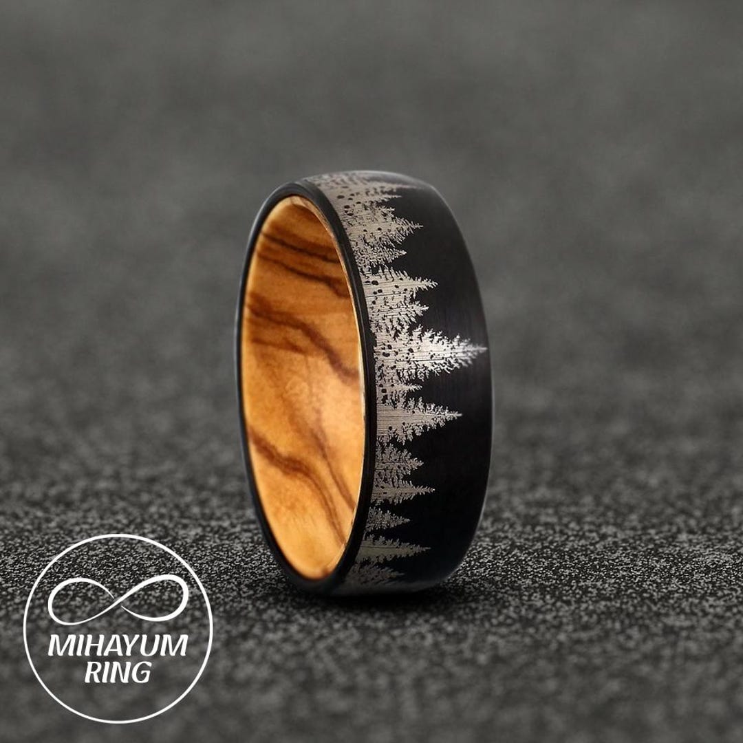 Natural Tree Ring, Tungsten Forest Ring, Olive Tree Inner Band, Unique ...