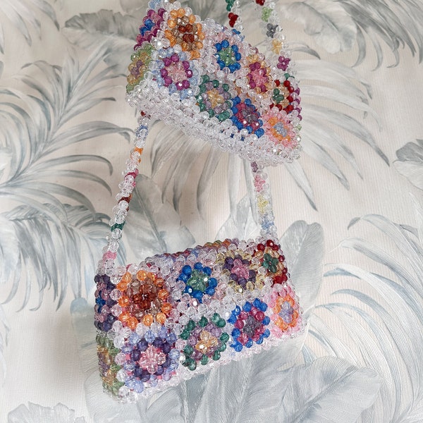 Granny Square Bead Bag, Crystal Beaded Bag, Boho Bead Purse, Bead Shoulder Bag, Pattern Clutch Bag, Rainbow Beaded bag, Colorful Beaded Bag