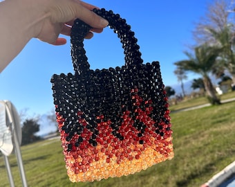 Flame Design Bead Bag, Fire Color Crystal Handbag, Brilliant Satchel Purse, Red & Black Bead Clutch Bag, Minimalist Bead Bag