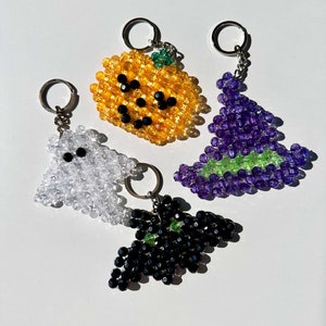 Halloween Beaded Keychain Set: Ghost, Pumpkin, Bat, Witch Hat - Spooky Bag Charms