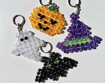 Halloween Beaded Keychain Set: Ghost, Pumpkin, Bat, Witch Hat - Spooky Bag Charms