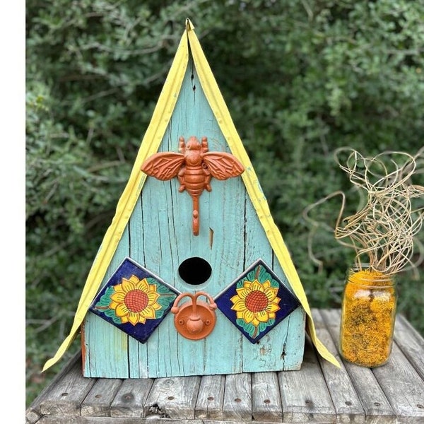 Bee Birdhouse with Upcycled Items, Reclaimed Wood and Tin Roof