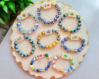 Gorgeous Handmade Beaded Mahjong Bracelets - Glass, Vintage, Porcelain, Ceramic Chinoiserie and Gold Mahjong Bracelet