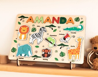 Jungle Animals Puzzle Board Safari Nursery Montessori Toys, Personalized Baby Gift, Wooden Toy, Name Puzzle Toddler, Birthday Gift for Kids