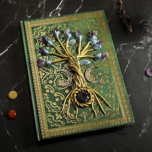 Magic Journal with Crystal, Tree of life Spellbook, Witchy Notebook, Book of Shadows, Blank Spell Book, Vintage Handcrafted, Gift for Wizard