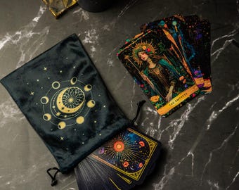 Zwart velours tarotzakje 13 x 18 cm (5,1 x 7,1 in), zacht fluwelen tarottasje maanfasenontwerp, tasje met trekkoord voor standaard tarotdecks