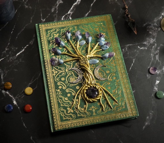 Magic Journal with Crystal, Tree of life Spellbook, Witchy Notebook, Book of Shadows, Blank Spell Book, Vintage Handcrafted, Gift for Wizard