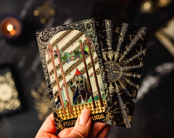 Laminowane karty tarota, talia tarota w złotej folii, karty tarota z przewodnikiem, zestaw prezentowy tarota, tarota dla początkujących, prezent z talii tarota