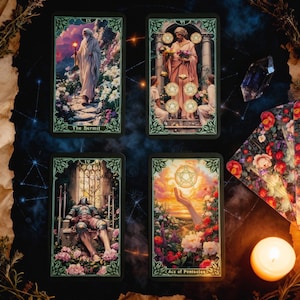 May include: Four tarot cards with detailed illustrations. The cards feature figures in ornate settings, surrounded by flowers. The Hermit card shows a figure with a lantern. The Ace of Pentacles card displays a hand reaching for a pentacle.