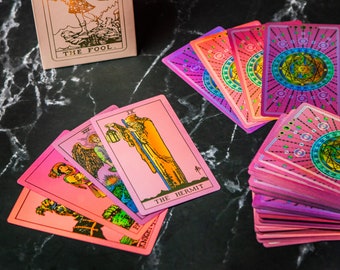 Pink Shiny Foil Tarot Deck with Lamination, Love Tarot Cards, Full RWS Tarot Set, 78 Card Beginner Deck with Guidebook, tarot deck Gift