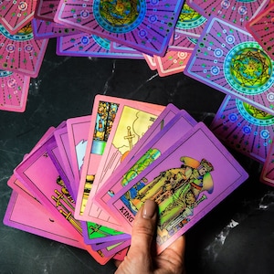 Pink Tarot Deck, Colorful Tarot Cards with Guidebook, Large Beginner Tarot Set, Rainbow Foil Classic Tarot Gift for Her
