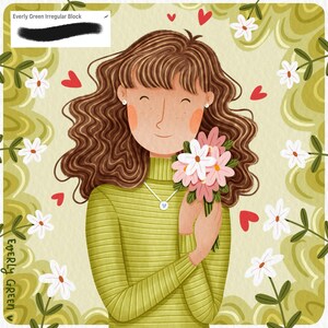 May include: A digital illustration of a woman with brown curly hair, wearing a green striped sweater and a necklace with a blue pendant. She is holding a bouquet of pink and white flowers. The background is a green and white floral pattern with red hearts.