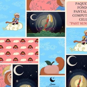 May include: A collage of digital art featuring the character Sun Wukong. The images include a monkey riding a cloud, a peach, and a night scene with a crescent moon. Text reads "PAST SUN WUKONG" and "PAQUETE DE 8 FONDOS DE PANTALLA PARA COMPUTADORA Y CELULAR".