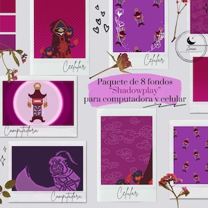 May include: A set of eight digital backgrounds featuring a purple and red color scheme. The backgrounds are designed for use on computers and mobile phones. The text "Paquete de 8 fondos "Shadowplay" para computadora y celular" is included in the image.