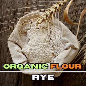 Puede incluir: Primer plano de una bolsa de lona blanca llena de harina de centeno orgánica. Un tallo de grano de centeno se coloca encima de la bolsa. El texto "ORGANIC FLOUR RYE" está impreso debajo de la bolsa.