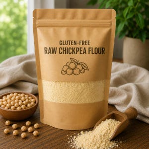 May include: A brown paper stand-up pouch containing raw chickpea flour, with the text "GLUTEN-FREE RAW CHICKPEA FLOUR" and a line drawing of chickpeas printed on the front. A wooden bowl of whole chickpeas and a wooden scoop of flour sit nearby.