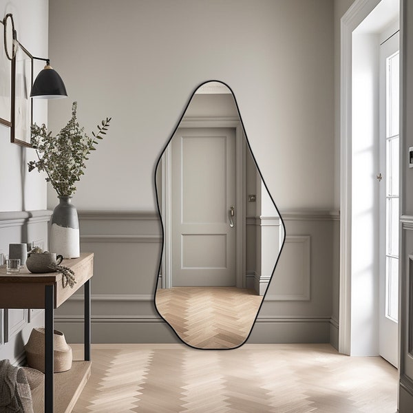 Modern Asymmetrical Full-Length Mirror, Unique & Artistic Large Wall Mirror, Minimalist Full Body Floor Mirror for Living Room or Bedroom