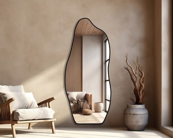 Chic Full Length Wavy Edge Mirror, Modern Floor Mirror, Black Framed Unique Design, Irregular Mirror, Versatile Decor Piece for Living Space