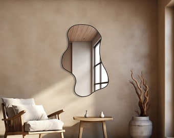 Gewellter Wandspiegel, dekorativer Spiegel für Wohnzimmer & Badezimmer, unregelmäßiger Spiegel, asymmetrischer Spiegel, Spiegel mit schwarzem Holzrahmen