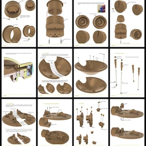 May include: Detailed diagrams in sepia tones, illustrating the assembly of a mechanical device. The images show various components, with labels and exploded views to clarify the construction. The diagrams include screws, housings, and other parts.