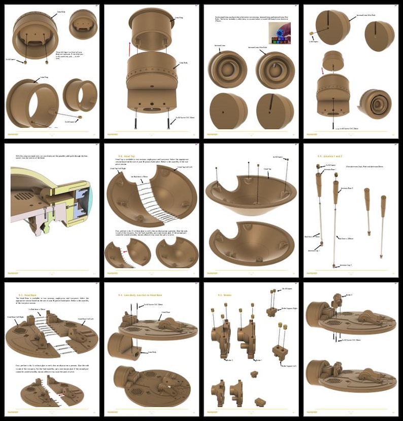 May include: Detailed diagrams in sepia tones, illustrating the assembly of a mechanical device. The images show various components, with labels and exploded views to clarify the construction. The diagrams include screws, housings, and other parts.