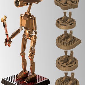 May include: A bronze robot figure with a cone-shaped head and a single eye, holding a tool. It stands on a black platform with red lighting. Several brown foot base designs are displayed to the right of the robot.