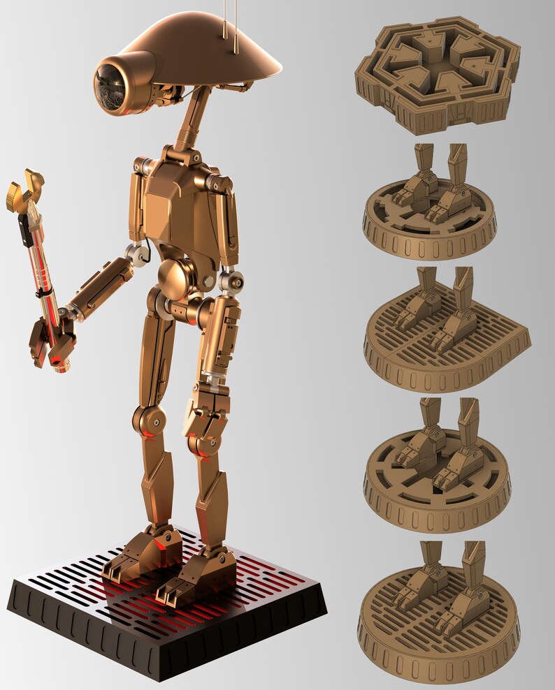 May include: A bronze robot figure with a cone-shaped head and a single eye, holding a tool. It stands on a black platform with red lighting. Several brown foot base designs are displayed to the right of the robot.