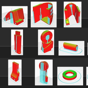 May include: A collection of 3D models of various shapes and sizes, rendered in red, yellow, and green. The models are displayed on a black background.