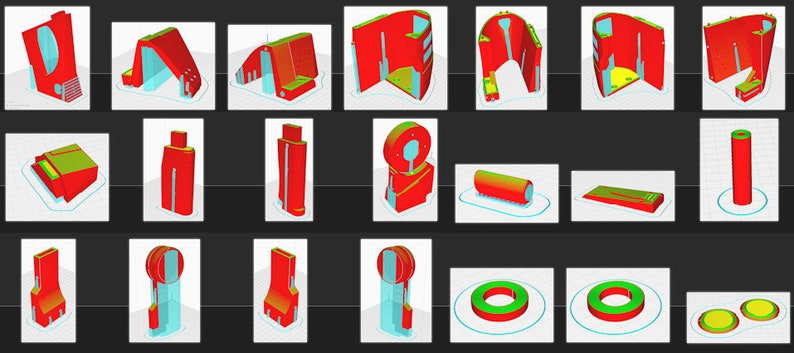 May include: A collection of 3D models of various shapes and sizes, rendered in red, yellow, and green. The models are displayed on a black background.