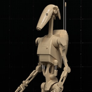 May include: A beige robot with a long, thin head and two antennas. The robot has articulated arms and legs, and is posed in a standing position.