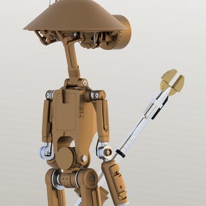 May include: A tan robot with a domed head, antennae, and articulated limbs. The robot has a cylindrical head and a multi-jointed arm with a silver and gold claw-like hand. The design is reminiscent of a science fiction character.