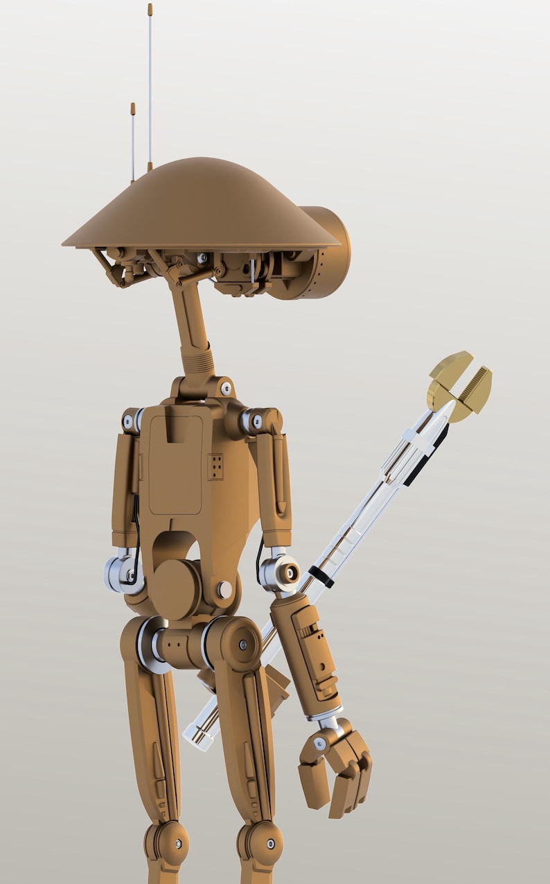 May include: A tan robot with a domed head, antennae, and articulated limbs. The robot has a cylindrical head and a multi-jointed arm with a silver and gold claw-like hand. The design is reminiscent of a science fiction character.