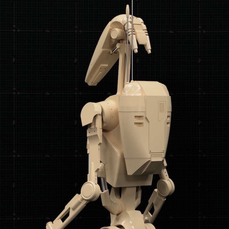May include: A beige and gray articulated robot figure with a long, thin antenna. The robot has a large, rectangular head with a visor and a series of small, rectangular windows.
