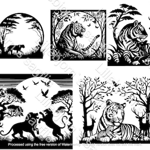 8 トラの SVG バンドル、大きな猫の SVG、ジャングルの動物の SVG、トラのクリップアート、レーザーカット、トラのファイル、ライオンの子鹿の子の SVG、猫の攻撃の SVG