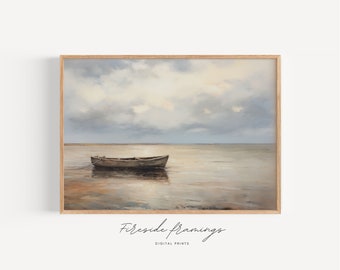 Kustboot olieverfschilderij - rustieke vintage print, kusthuisdecor, ideaal strandhuiscadeau