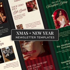 May include: A collection of Christmas and New Year newsletter templates. The designs feature images of gifts, models, and festive decorations. The text includes phrases like "Gift Guide" and "Thoughtful Gifting."