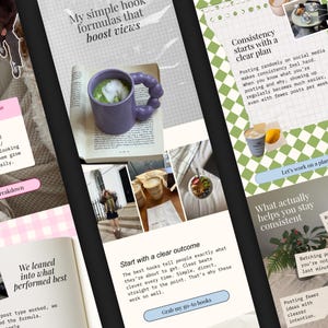 Op de afbeelding: Een digitale marketingafbeelding met de tekst "Mijn eenvoudige hook-formules die views stimuleren." De afbeelding bevat een paarse mok met een uniek handvat, een kopje koffie en een fruitschaal.