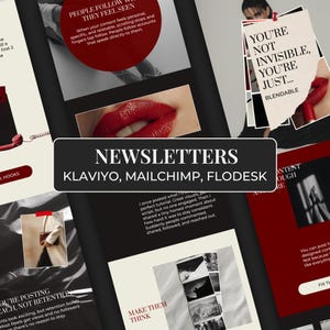 Pode incluir: Uma colagem de conteúdo de marketing digital com um esquema de cores vermelho escuro e preto. A imagem inclui texto que diz "Newsletters" e "Klaviyo, Mailchimp, Flodesk." Outro texto inclui "You're not invisible, you're just... Blendable."