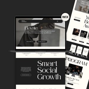 Könnte beinhalten: Ein Laptop, der eine Website mit dem Text "Elevate. Social media strategies that grow your brand and engage your audience." anzeigt. Die Website hat ein Schwarz-Weiß-Design. Eine weitere Webseite ist mit dem Text "Smart Social Growth" sichtbar.