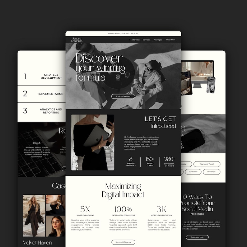 Puede incluir: Una p&aacute;gina de inicio de sitio web para un administrador de redes sociales con un esquema de color blanco y negro. El sitio web presenta una foto de una mujer con un atuendo negro sosteniendo una computadora port&aacute;til. El texto "Descubre tu f&oacute;rmula ganadora" se muestra en una fuente grande en la parte superior de la p&aacute;gina. El sitio web tambi&eacute;n incluye una secci&oacute;n titulada "Conozc&aacute;monos" con informaci&oacute;n sobre la experiencia y los servicios del administrador de redes sociales.