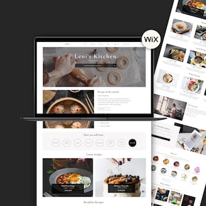 Puede incluir: Un portátil muestra el sitio web "Leni's Kitchen" con recetas. El sitio web presenta imágenes de comida, incluyendo empanadillas y huevos con frijoles. El logotipo de Wix es visible en la esquina superior derecha.