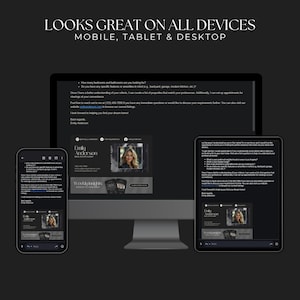 Pode incluir: Uma captura de tela de um site exibido em um telefone m&oacute;vel, tablet e computador desktop. O site &eacute; para um agente imobili&aacute;rio chamado Emily Anderson. O site tem um fundo preto com texto branco e uma foto de Emily Anderson no canto. O texto no site diz "Looks great on all devices, mobile, tablet & desktop".