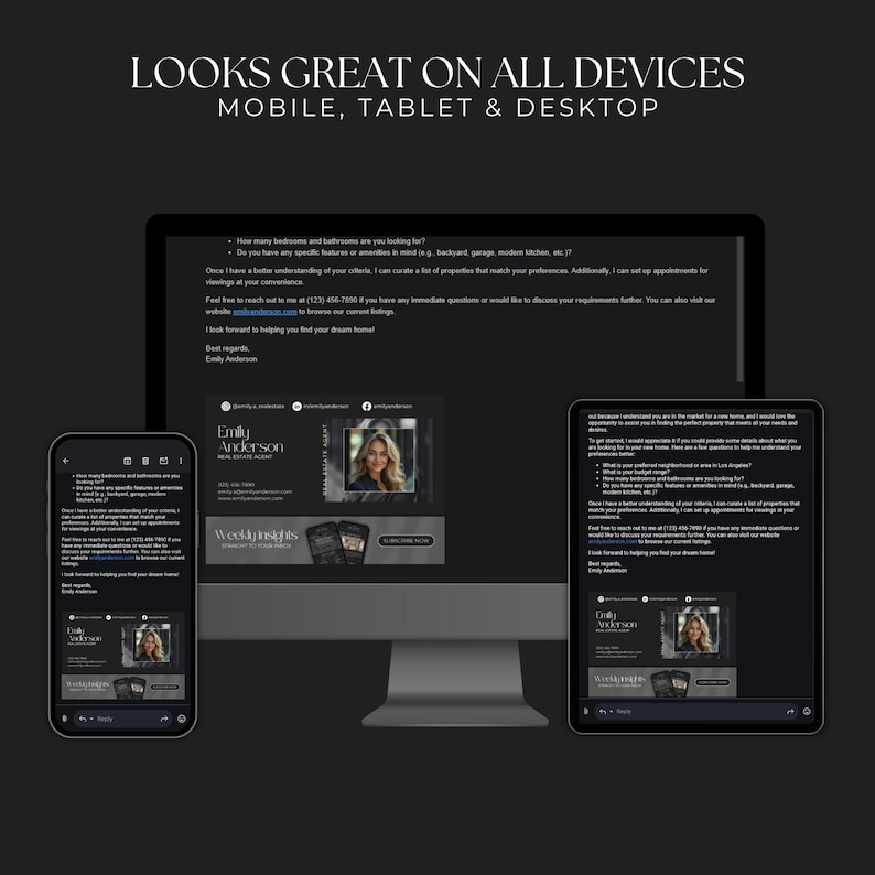Pode incluir: Uma captura de tela de um site exibido em um telefone m&oacute;vel, tablet e computador desktop. O site &eacute; para um agente imobili&aacute;rio chamado Emily Anderson. O site tem um fundo preto com texto branco e uma foto de Emily Anderson no canto. O texto no site diz "Looks great on all devices, mobile, tablet & desktop".