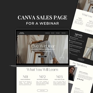 Página de ventas de seminarios web para administradores de redes sociales, asistentes virtuales, agencias de marketing digital, landing pages de sitios web de Canva y plantillas de coaching FC01.