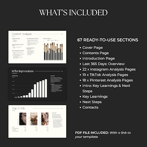 K&ouml;nnte beinhalten: Ein schwarzwei&szlig;es Dokument mit dem Titel "What's Included" und einer Liste von 67 gebrauchsfertigen Abschnitten f&uuml;r einen Social-Media-Bericht. Die Abschnitte umfassen ein Deckblatt, ein Inhaltsverzeichnis, eine Einf&uuml;hrungsseite, eine &Uuml;bersicht der letzten 365 Tage, 22 Instagram-Analyse-Seiten, 19 TikTok-Analyse-Seiten, 18 Pinterest-Analyse-Seiten, Intro: Wichtige Erkenntnisse und n&auml;chste Schritte, Wichtige Erkenntnisse, N&auml;chste Schritte und Kontakte. Das Dokument enth&auml;lt auch eine PDF-Datei mit einem Link zur Vorlage.