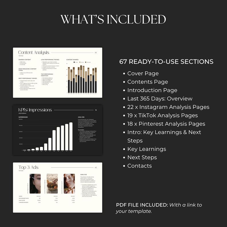K&ouml;nnte beinhalten: Ein schwarzwei&szlig;es Dokument mit dem Titel "What's Included" und einer Liste von 67 gebrauchsfertigen Abschnitten f&uuml;r einen Social-Media-Bericht. Die Abschnitte umfassen ein Deckblatt, ein Inhaltsverzeichnis, eine Einf&uuml;hrungsseite, eine &Uuml;bersicht der letzten 365 Tage, 22 Instagram-Analyse-Seiten, 19 TikTok-Analyse-Seiten, 18 Pinterest-Analyse-Seiten, Intro: Wichtige Erkenntnisse und n&auml;chste Schritte, Wichtige Erkenntnisse, N&auml;chste Schritte und Kontakte. Das Dokument enth&auml;lt auch eine PDF-Datei mit einem Link zur Vorlage.