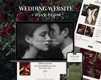 Burgundy & Olive Green Wedding Website Template for Canva, Modern Wedding Canva Website with RSVP and Details, Digital Wedding Invitation