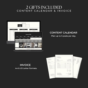 Puede incluir: Una maqueta digital de un calendario de contenido y una plantilla de factura. El calendario es para enero de 2026 y la factura es para Jessica Leonardo. El texto "2 regalos incluidos" y "Calendario de contenido y factura" est&aacute; en la parte superior de la imagen.