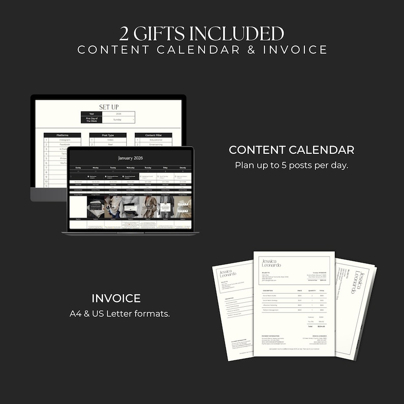 Puede incluir: Una maqueta digital de un calendario de contenido y una plantilla de factura. El calendario es para enero de 2026 y la factura es para Jessica Leonardo. El texto "2 regalos incluidos" y "Calendario de contenido y factura" est&aacute; en la parte superior de la imagen.
