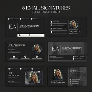 Pode incluir: Seis designs de assinatura de e-mail diferentes para uma agente imobili&aacute;ria chamada Emily Anderson. Cada design apresenta um fundo preto com texto branco e uma foto de Emily. Os designs incluem diferentes &iacute;cones de m&iacute;dia social e informa&ccedil;&otilde;es de contato.